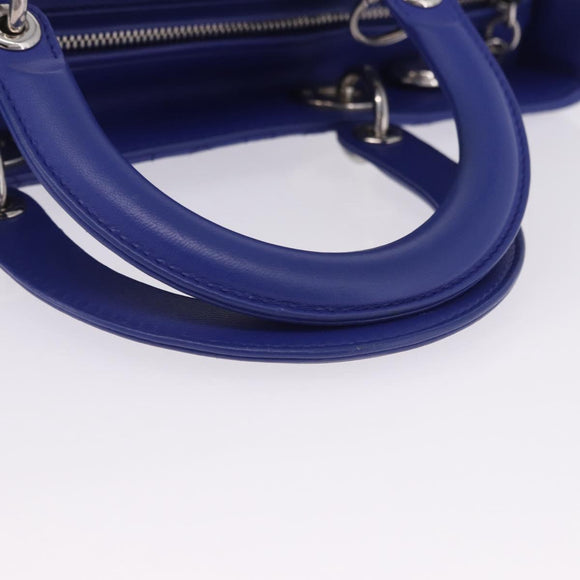 Christian Dior Canage Lady Dior Hand Bag Lamb Skin 2way Blue Silver Auth 200084M