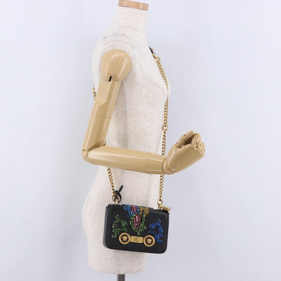 VERSACE Medusa Chain Shoulder Bag Leather Black Gold Auth 200090M