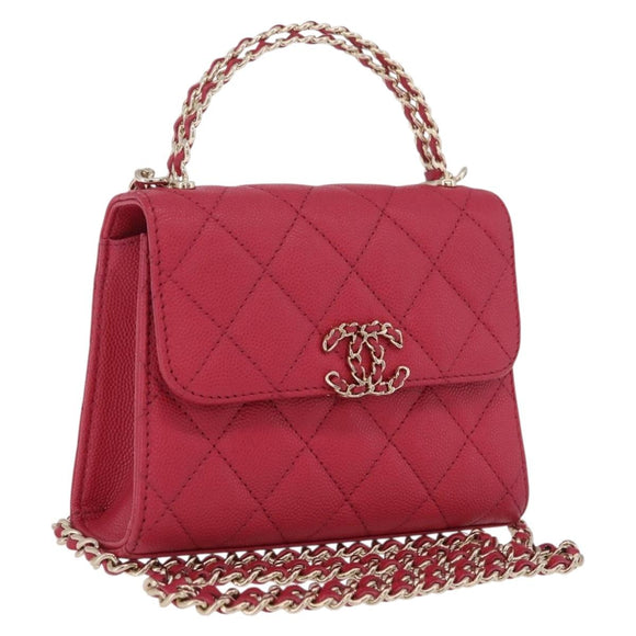CHANEL Matelasse Top Handle Chain Caviar Skin 2way Red Gold CC Auth 200091SAM