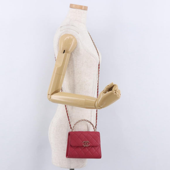 CHANEL Matelasse Top Handle Chain Caviar Skin 2way Red Gold CC Auth 200091SAM