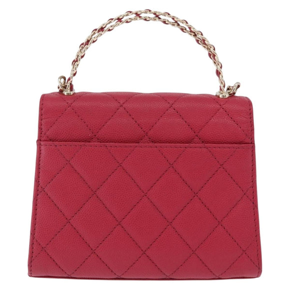 CHANEL Matelasse Top Handle Chain Caviar Skin 2way Red Gold CC Auth 200091SAM