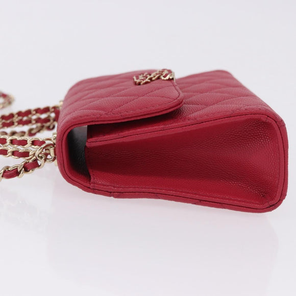 CHANEL Matelasse Top Handle Chain Caviar Skin 2way Red Gold CC Auth 200091SAM