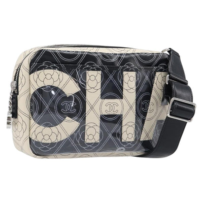 CHANEL COCO Mark Camelia Shoulder Bag PVC Leather Black White CC Auth 200139SAM