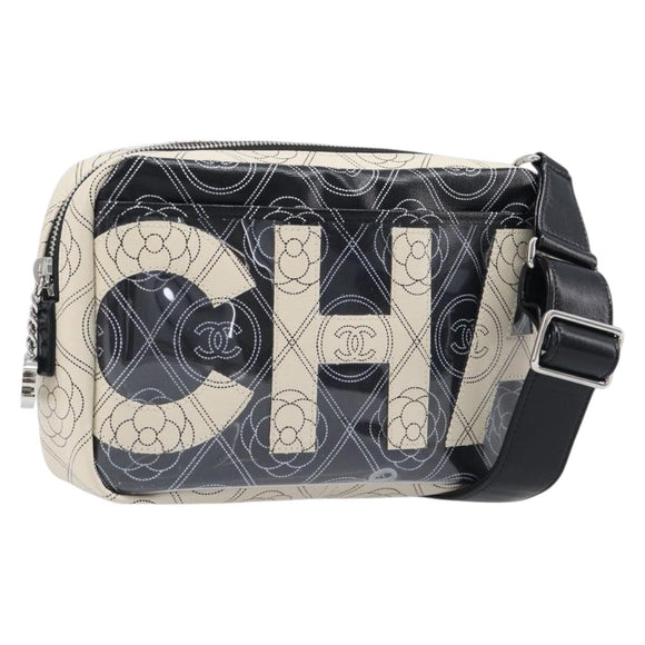 CHANEL COCO Mark Camelia Shoulder Bag PVC Leather Black White CC Auth 200139SAM