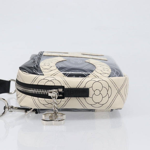 CHANEL COCO Mark Camelia Shoulder Bag PVC Leather Black White CC Auth 200139SAM