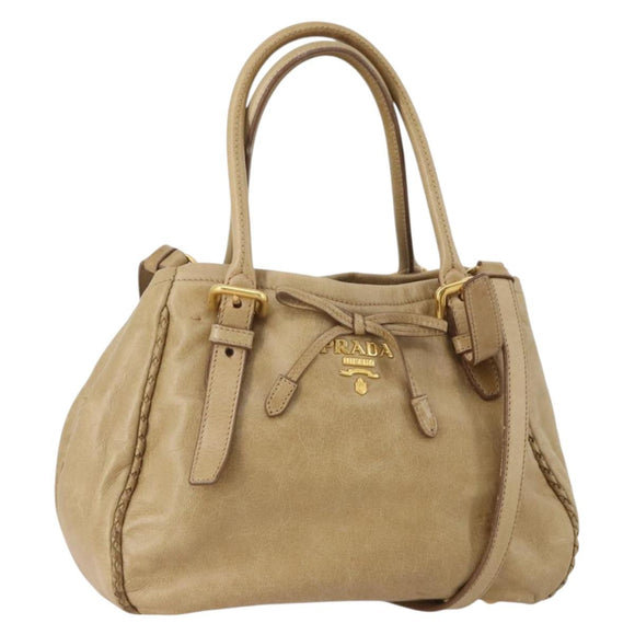 PRADA Hand Bag Leather 2way Beige Gold Tone Auth 200160