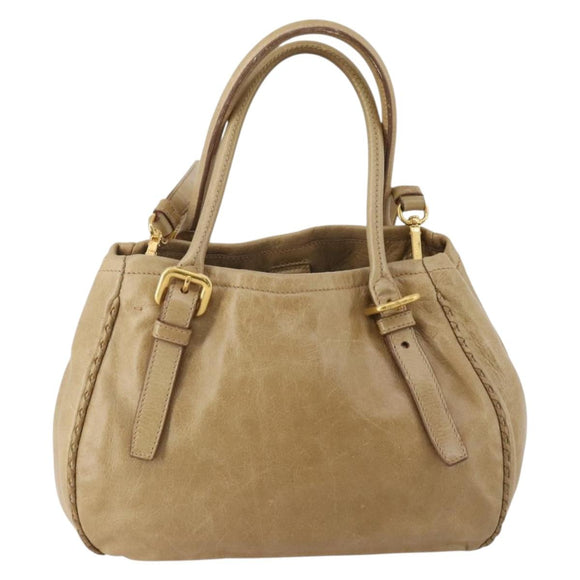 PRADA Hand Bag Leather 2way Beige Gold Tone Auth 200160