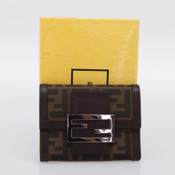 FENDI Zucca Canvas Trifold Wallet Brown Silver 8M0011 Auth 200165A