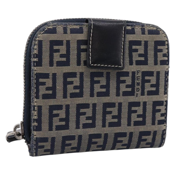 FENDI Zucchino Canvas Wallet Navy Silver Auth 200177