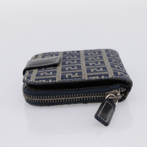 FENDI Zucchino Canvas Wallet Navy Silver Auth 200177