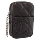 CHANEL Cambon Line Matelasse Pouch Leather Dark Brown Silver CC Auth 200180A-1
