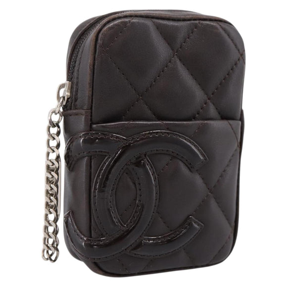 CHANEL Cambon Line Matelasse Pouch Leather Dark Brown Silver CC Auth 200180A