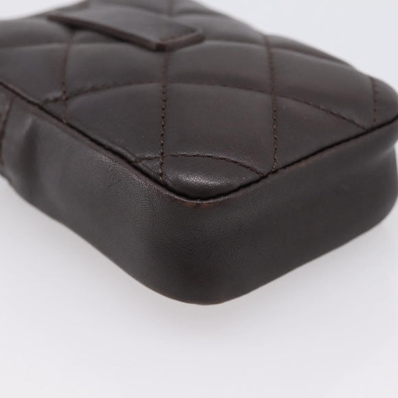 CHANEL Cambon Line Matelasse Pouch Leather Dark Brown Silver CC Auth 200180A