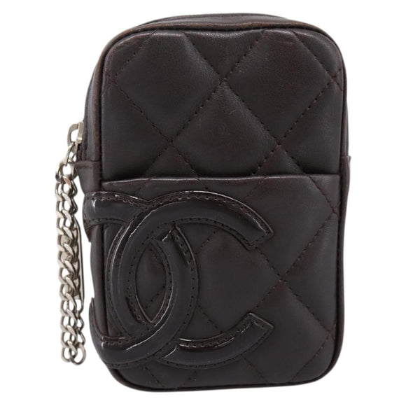 CHANEL Cambon Line Matelasse Pouch Leather Dark Brown Silver CC Auth 200180A