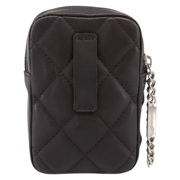 CHANEL Cambon Line Matelasse Pouch Leather Dark Brown Silver CC Auth 200180A