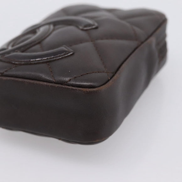 CHANEL Cambon Line Matelasse Pouch Leather Dark Brown Silver CC Auth 200180A
