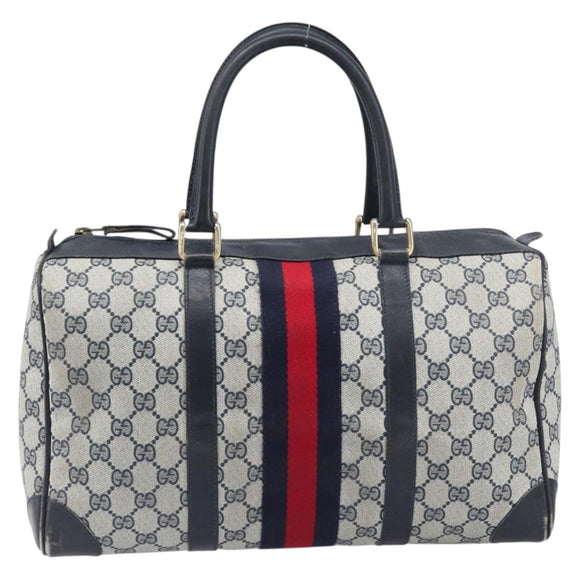 GUCCI GG Supreme Boston Bag PVC Leather Navy Gold Tone Auth 200182