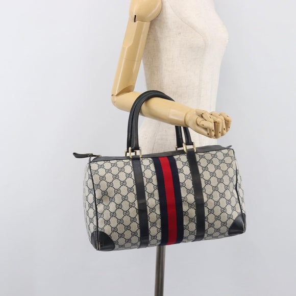 GUCCI GG Supreme Boston Bag PVC Leather Navy Gold Tone Auth 200182