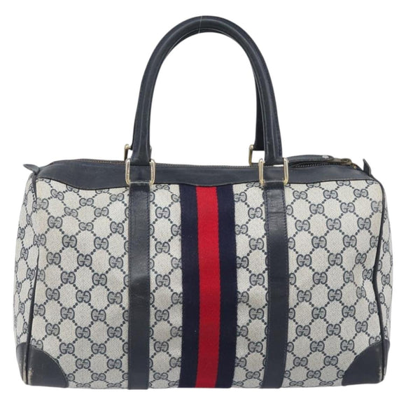 GUCCI GG Supreme Boston Bag PVC Leather Navy Gold Tone Auth 200182