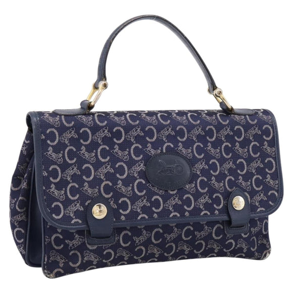CELINE C Saluki Hand Bag Canvas Navy Gold Tone Auth 200184
