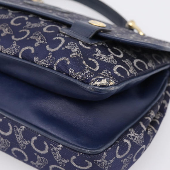 CELINE C Saluki Hand Bag Canvas Navy Gold Tone Auth 200184