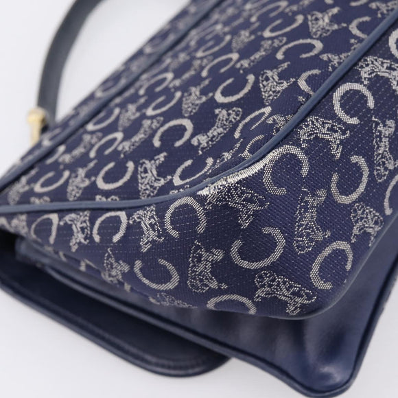 CELINE C Saluki Hand Bag Canvas Navy Gold Tone Auth 200184