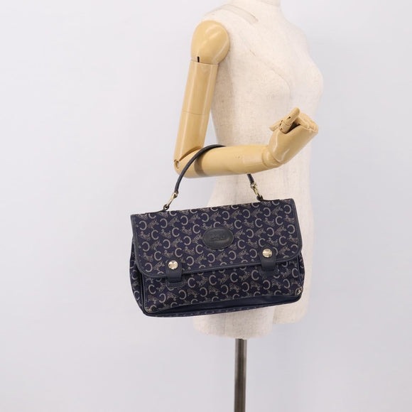 CELINE C Saluki Hand Bag Canvas Navy Gold Tone Auth 200184