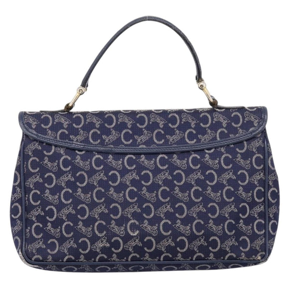 CELINE C Saluki Hand Bag Canvas Navy Gold Tone Auth 200184