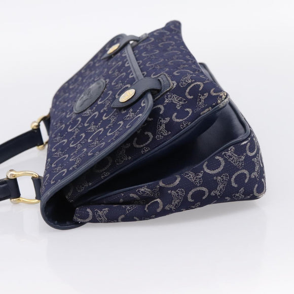 CELINE C Saluki Hand Bag Canvas Navy Gold Tone Auth 200184