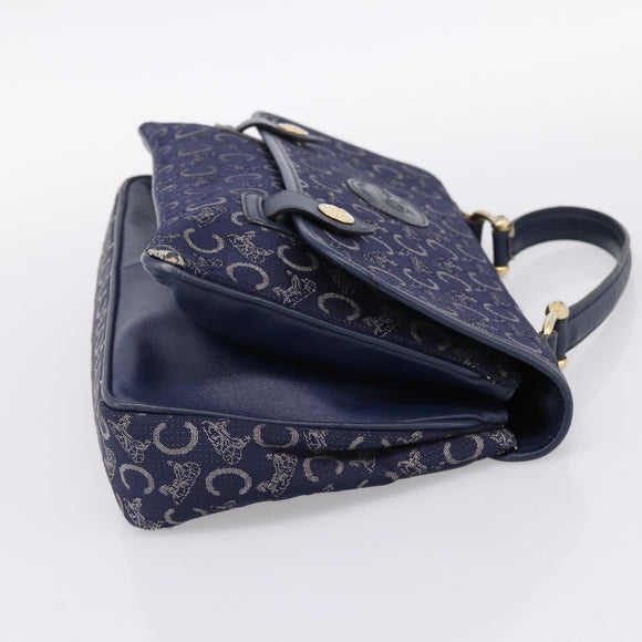 CELINE C Saluki Hand Bag Canvas Navy Gold Tone Auth 200184