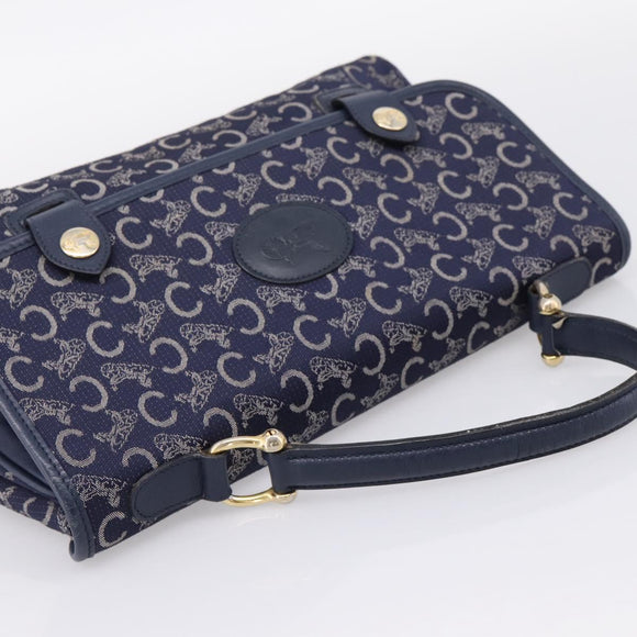 CELINE C Saluki Hand Bag Canvas Navy Gold Tone Auth 200184