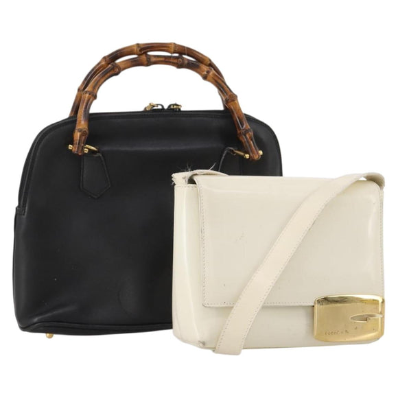 GUCCI Bamboo Shoulder Bag Hand Bag Leather 2 Set Black White Auth 200210