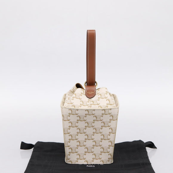 CELINE Triomphe Hand Bag PVC Leather Ivory Gold Auth 200281SAM