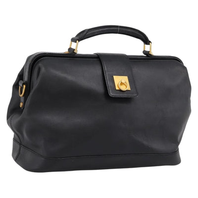 CELINE Hand Bag Leather Black Gold Tone Auth 200334