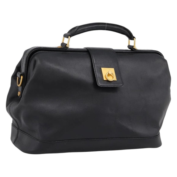 CELINE Hand Bag Leather Black Gold Tone Auth 200334