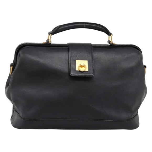 CELINE Hand Bag Leather Black Gold Tone Auth 200334
