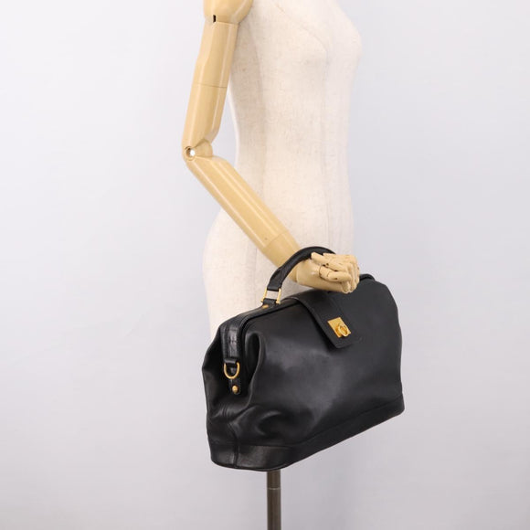 CELINE Hand Bag Leather Black Gold Tone Auth 200334