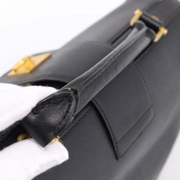 CELINE Hand Bag Leather Black Gold Tone Auth 200334