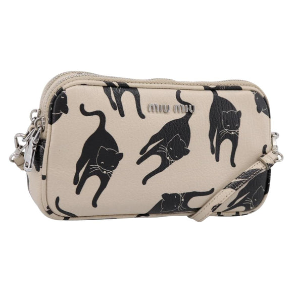 Miu Miu Shoulder Bag Leather Beige Silver Auth 200344M