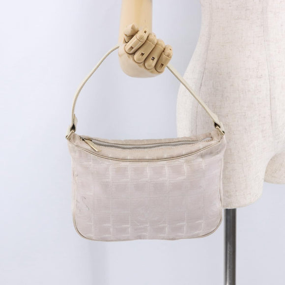 CHANEL New Travel Line Hand Bag Canvas Beige Gold Tone CC Auth 200347A