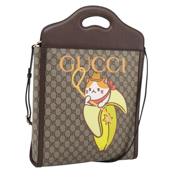 GUCCI GG Supreme Bananya Hand Bag PVC 2way Beige Gold Tone 703793 Auth 200361M