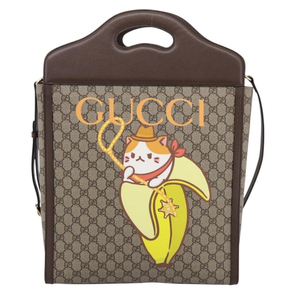 GUCCI GG Supreme Bananya Hand Bag PVC 2way Beige Gold Tone 703793 Auth 200361M