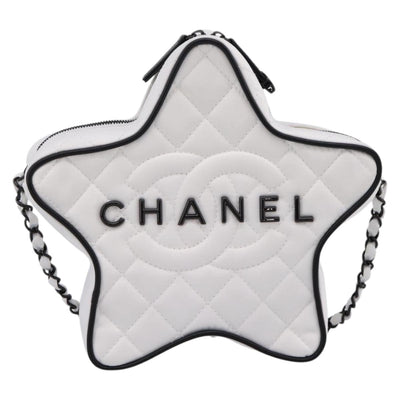 CHANEL Star Shaped Matelasse Chain Shoulder Bag Satin White Black Auth 200368SM - 0