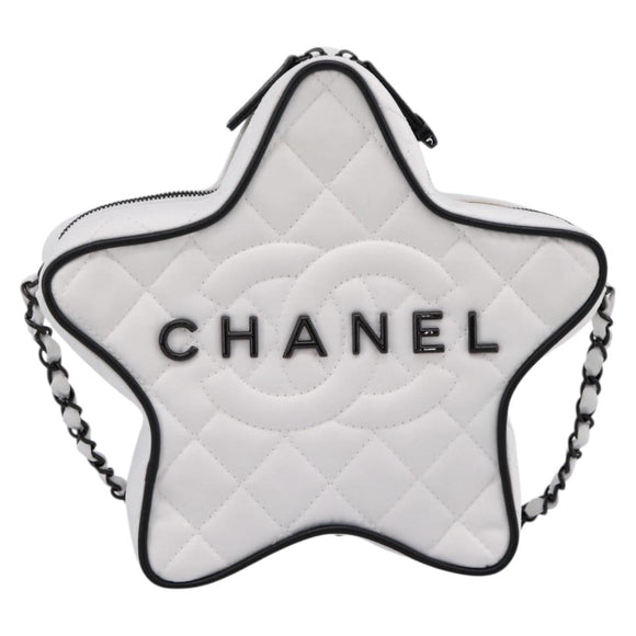 CHANEL Star Shaped Matelasse Chain Shoulder Bag Satin White Black Auth 200368SM