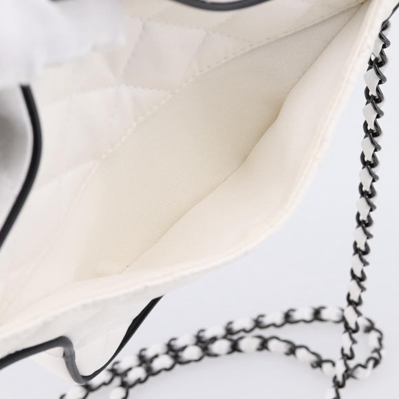 CHANEL Star Shaped Matelasse Chain Shoulder Bag Satin White Black Auth 200368SM