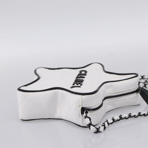 CHANEL Star Shaped Matelasse Chain Shoulder Bag Satin White Black Auth 200368SM