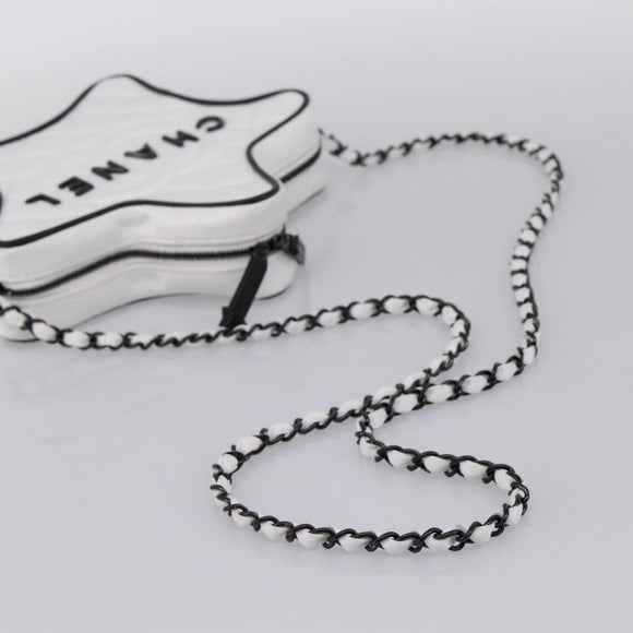 CHANEL Star Shaped Matelasse Chain Shoulder Bag Satin White Black Auth 200368SM