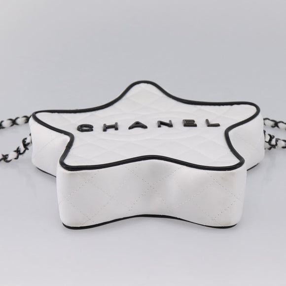 CHANEL Star Shaped Matelasse Chain Shoulder Bag Satin White Black Auth 200368SM