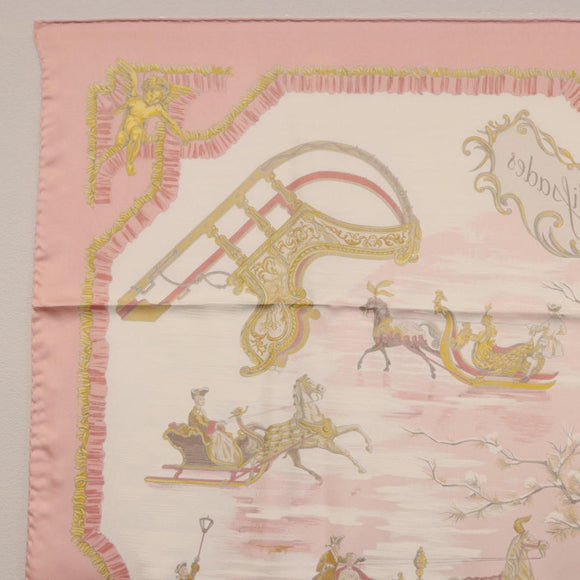 HERMES Carre 90 Scarf Silk ""Traineaux et Glissades"" Pink White Auth 200402M