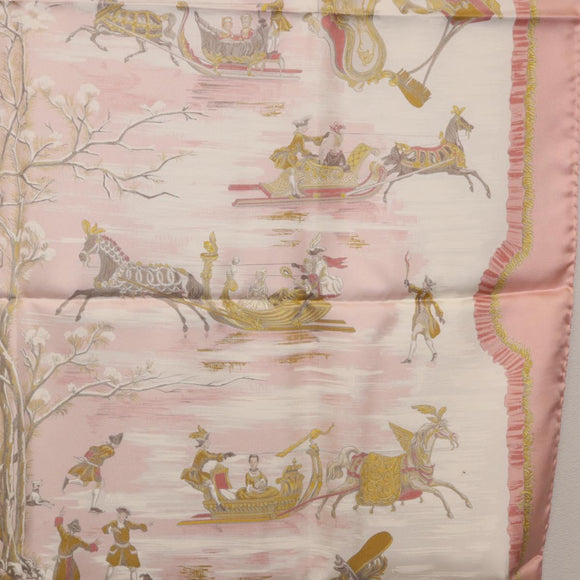 HERMES Carre 90 Scarf Silk ""Traineaux et Glissades"" Pink White Auth 200402M